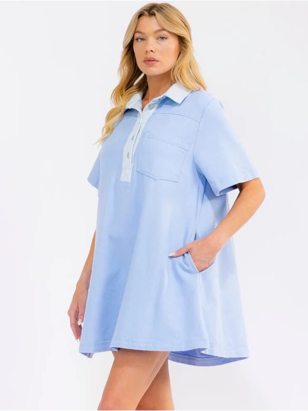 137 • Light Blue Polo Shirt Dress with Contrast Collar
